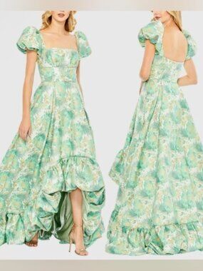NWT MAC DUGGAL # 68276 Floral Print Puff Sleeve High Low Brocade Gown Size 12
